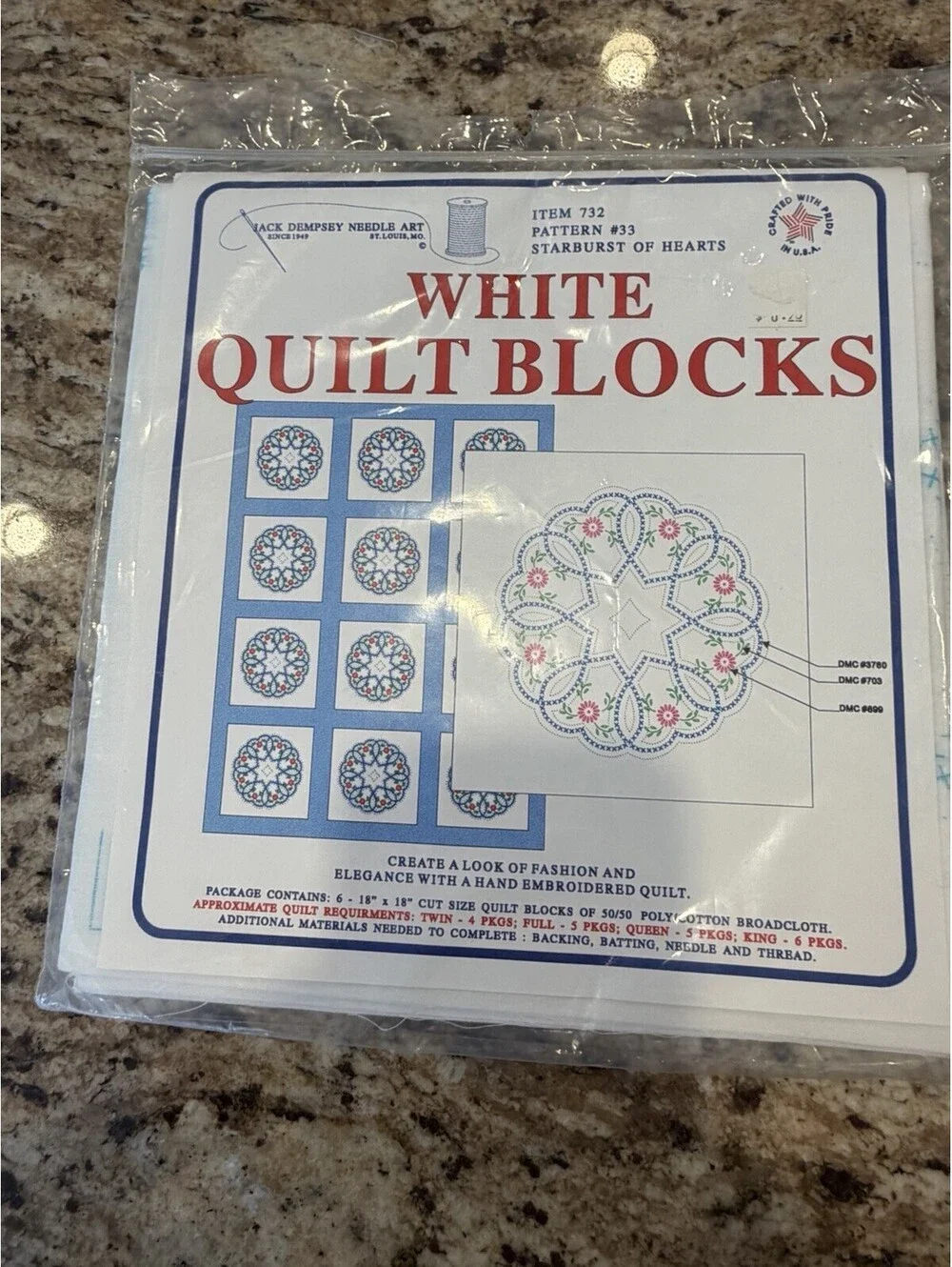 Vtg Jack Dempsey White Quilt Blocks 18” Starburst Of Hearts #33 Rare New